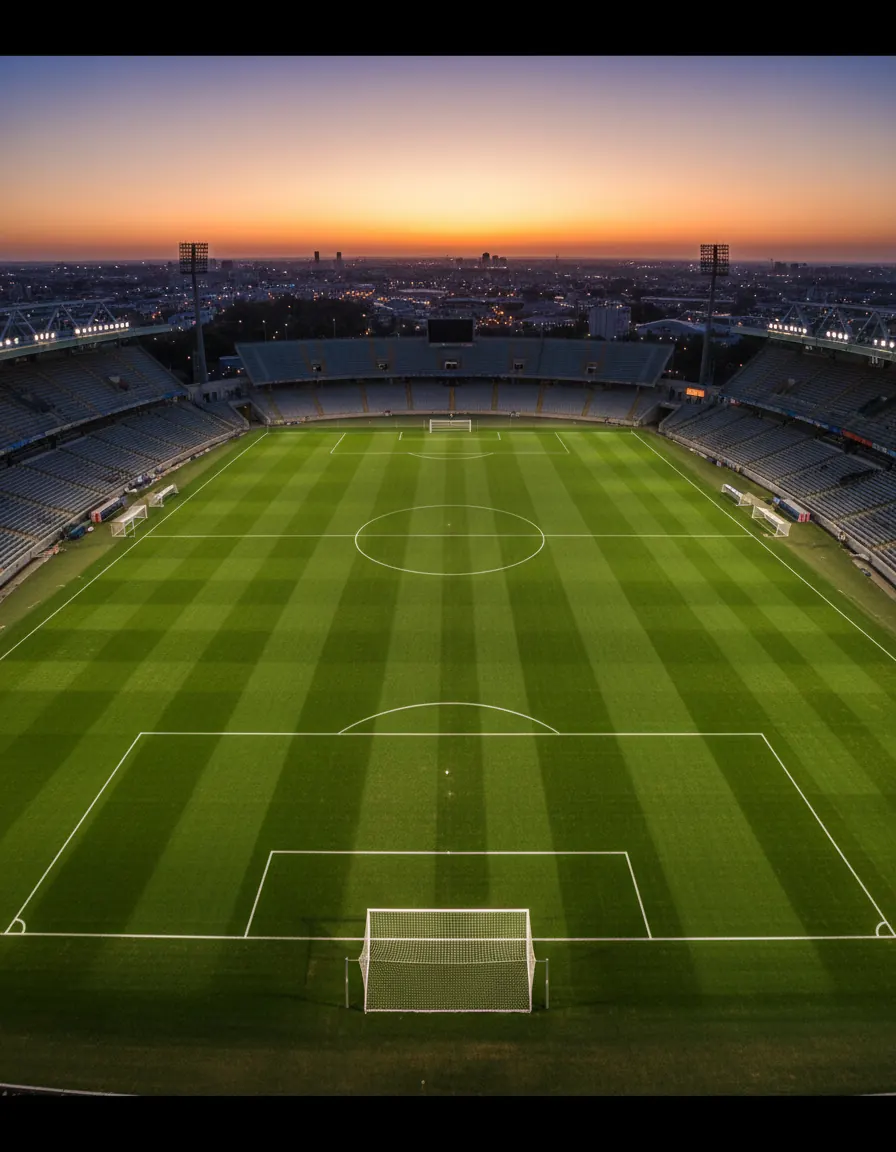 Campo de futebol gramado visto do alto ao entardecer Campo de futebol gramado visto do alto ao entardecer
