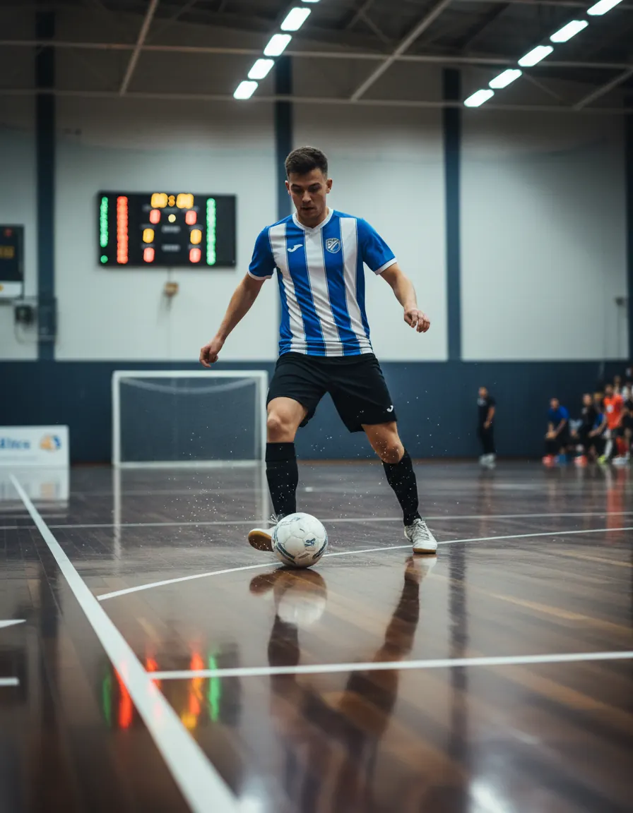 Quadra de futsal coberta, com piso de madeira e marcação branca Quadra de futsal coberta, com piso de madeira e marcação branca